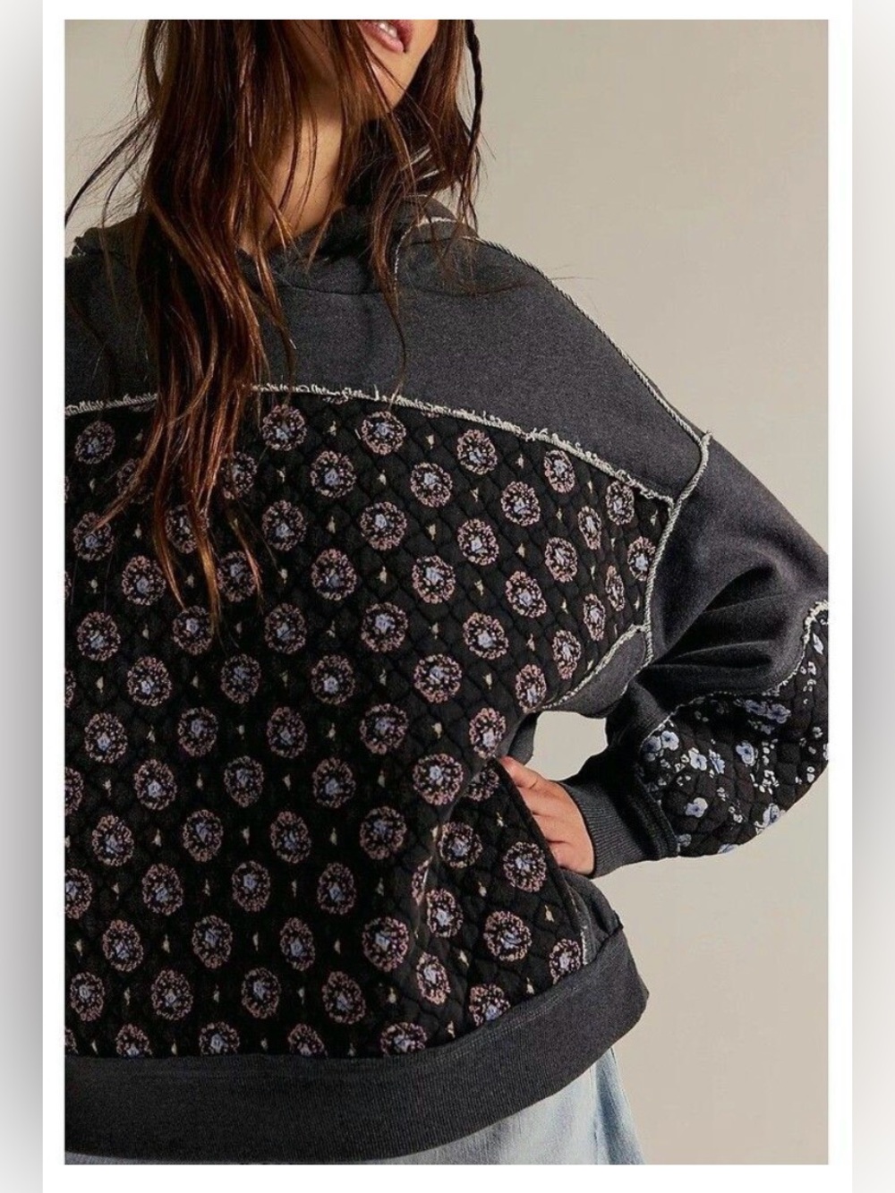 Free People Get Ditsy Hoodie Gray Quilted Floral Patchwork Oversized L
